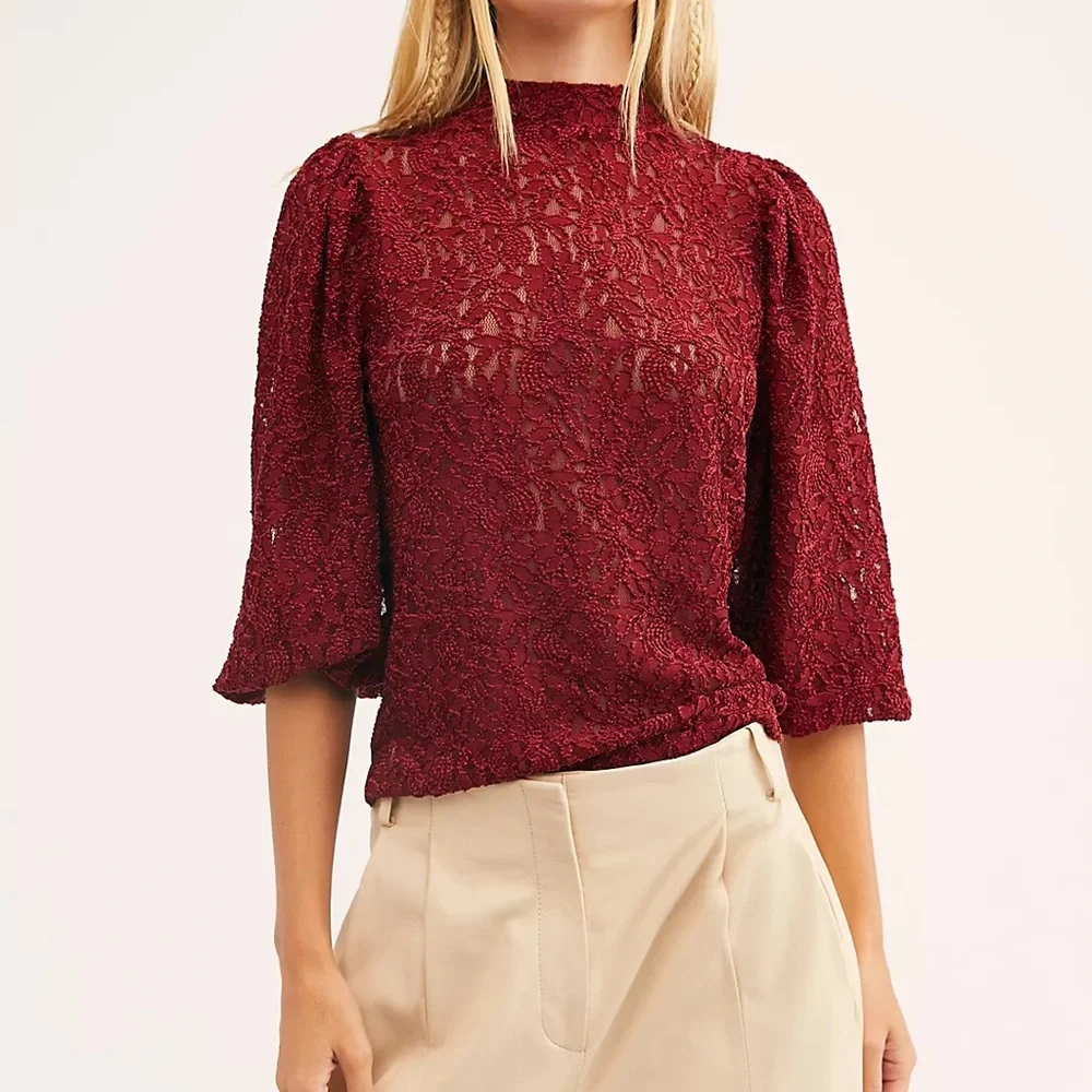 Free People Sweet Talker Floral Lace High Neck Puff Sleeve Blouse, Size S - Picture 6 of 16